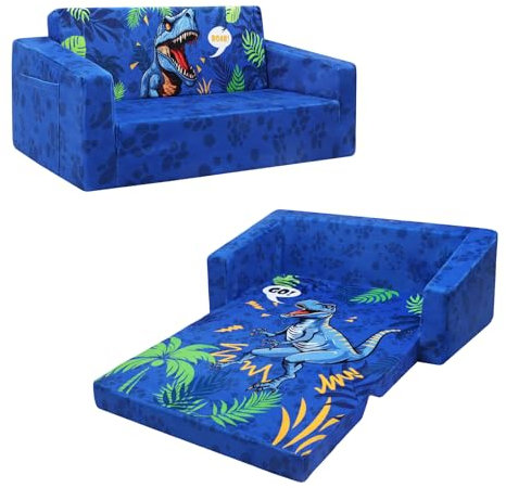 Faltbarer KinderSofa-Rückenlehen-Sessel 2 in 1 Extra Große, Standfest Kindercouch mit Stofftasche für Mädchen Jungen, Weiche Leichte Flip Open Kindersessel Spielsofa Kinderzimmer (Blaue Dinosaurier)