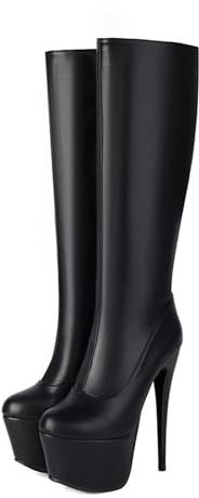 Stivali Alti Fino al Ginocchio con Punta Tonda e Plateau in Vernice da Donna, con Tacco Alto 15 cm, Stiletti, alla Moda, Autunno Inverno, Stivali a metà Polpaccio,Black 1,38 EU