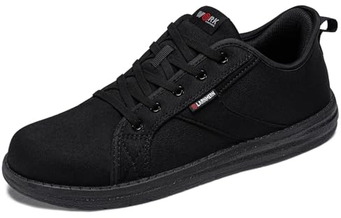 LARNMERN Steel Toe Cap Safety Trainers Men Slip On Work Shoes Lightweight Comfortable Walking Canvas Sneakers(9.5 UK,Black)