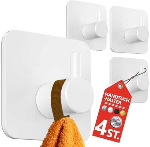 4smile Portasciugamani senza foratura, 4 pezzi in bianco – Porta asciugamani da bagno impermeabile gancio in acciaio inox gancio adesivo per bagno, cucina – Gancio extra forte autoadesivo