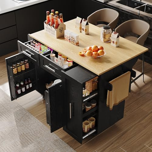 Huayz Isola da cucina su ruote, Carrello da cucina con piano di lavoro ribaltabile, Carrello da pranzo con scaffali snack e armadi con funzione di estensione, 2 porte 2 cassetti, per cucina e sala da