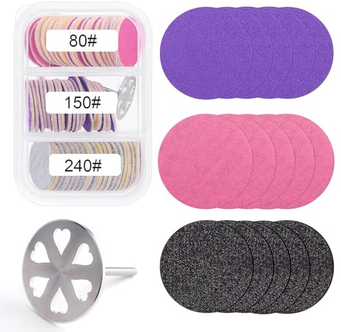 heemeei 72Pcs Sanding Paper Discs with 25mm Heart Style Metal Nail Drill Bit, Replacement Sanding Discs Bits for Nail Drill Foot Files Electric Pedicure Remover Dead Skin Callus (#80#150#240 Grit)