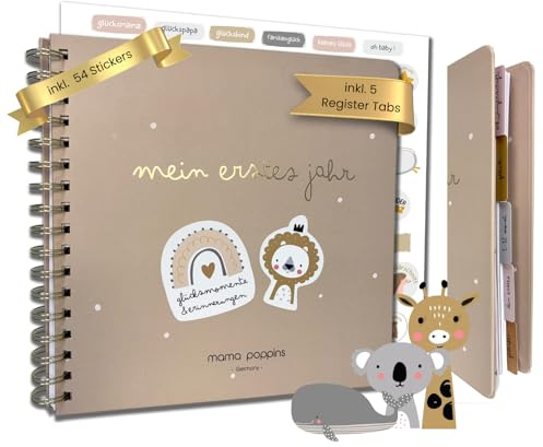 Babyalbum Mein Erstes Jahr, Erinnerungsbuch zum Ausfüllen, Babytagebuch mit 5 Register-Trennblättern und 54 Stickers