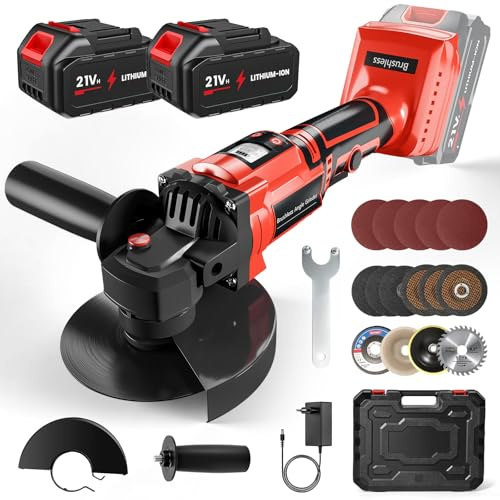 Amoladora Angular a Batería 115mm, 21V Radial Batería con 2 x 3000 mAh Baterías, 12000 RPM Motor sin Escobillas, 3 Velocidades, Pantalla Digital, para Crtar y Amolar con Precisión