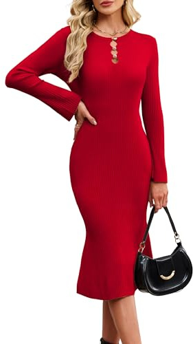 Newshows Jumper Dress for Women UK Ladies Long Sleeve Knit Elegant Bodycon Fishtail Sweater Winter Dresses Red,M