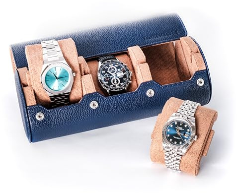 TIMESHELTER Uhrenbox für 3 Uhren – Uhrenetui Reise & Aufbewahrung aus Kunstleder mit Samt-Innenfutter, Uhrenkoffer Herren, Schmuckkasten, Geschenkbox – Marineblau