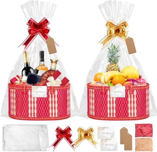 SelfTek Presentkorg tom stor röd – presentkorg med presentkorg tom presentfolie transparent, fyllnadsmaterial, rosett, gratulationskort, etikett, 30 x 20 x 15 cm presentkorg tom för halloween, jul