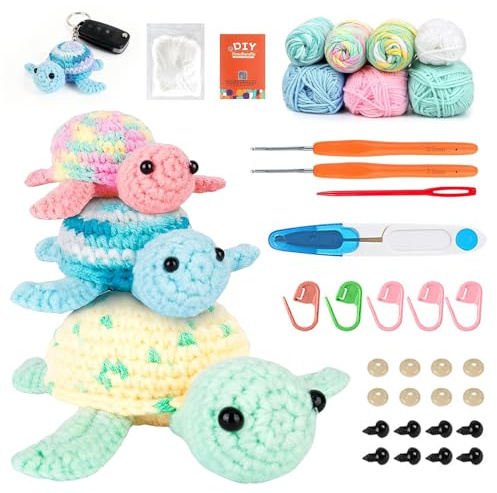 Wxeadu Kit Crochet Principiantes, 3 Piezas Tortugas Crochet Kit, Animales Kit Ganchillo Incluye Tutoriales en Vídeo e Instrucciones Paso a Paso Crochet Agujas Hilo Ojos Relleno