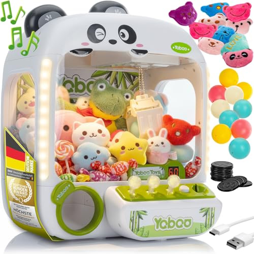 GOODS+GADGETS® Gripautomat för Barn med 10 Kramdjur - Arkadspel | Klämmaskin med vintage-ljus, justerbar volym, USB/batteri-drift & påfyllning bakifrån – Panda