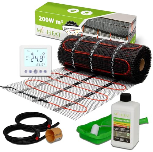 Mi-Heat Elektrisk golvvärme, 200 W/m² 1,0 m² – tunn sängvärmematta för utjämningsmassa, set för kakel, vinyl, parkett och laminat – med termostat c16, digital vit