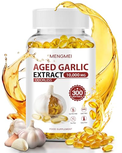 Aged Garlic Extract Odorless Softgels, 20:1 Concentrate, Daily Immune & Heart Health Support, 2 Year Aged Garlic Supplements for Men & Women, 300 Count