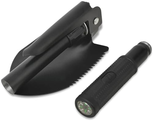 Pala pieghevole in acciaio al carbonio, pala pieghevole compatta per campeggio, esterni, giardino e auto, con bussola e borsa, strumento multifunzione 4 in 1