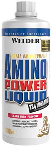 Weider - Amino Power Liquid - Flüssiges Hydrolysiertes Protein - Aminosäuren - 23g Protein pro 45 ml für Muskelaufbau - Mit L-Leucin, Taurin, Vitamin B6 - 1 Liter - Cranberry