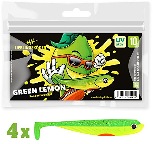 4 Lieblingsköder Gummifische zum Zanderangeln mit Gummifisch 10 cm, Farbe Lieblingsköder:Green Lemon