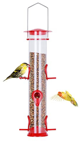 Urban Deco Bird Feeders Hanging Plastic Tube Bird Seed Feeder With 6 Ports Niger Seed Bird Feeder With Steel Hanger Weatherproof Fat Ball Bird Feeder For Small Birds - Red - 1 Pack