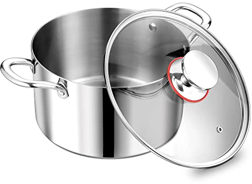 P&P CHEF 5 Quart Tri-Ply Stainless Steel Stock Pot, 5 Qt Stockpot Pasta Cooking Pot with Visible Lid for Soup Vegetable, Induction Cookware for All Stoves, Sturdy & Double Handle, Dishwasher Safe