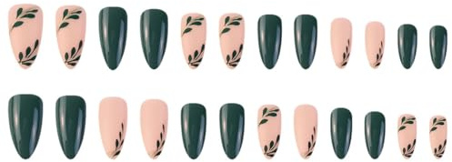 GNALIA 24 Pièces Amande Faux Ongles Court Avec Leaves Pretty Ovale Faux Ongle Moyen Avec Colle Pour Femme Et Ado Almond Faux Ongles À Coller Nail Art Vert Foncé