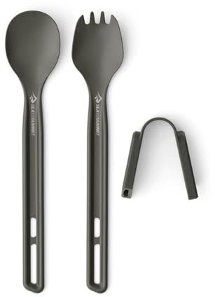 SEA TO SUMMIT - Frontier Ultraleichtes Besteckset - mit langem Stiel - 1 Person, 2-teilig - Camping-Löffel & Göffel + Halterung - Campinggeschirr aus harteloxiertem Aluminium - Glatt & Mattiert - 32 g