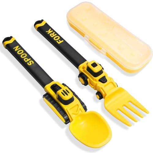 Construction Toddler Cutlery Set - Digger Baby Cutlery Set - Suitable for Kids Forks and Spoon - Portable Forks and Spoon for Kids, Christmas Birthday Gift for 1-5 Year Old Toddlers - Yellow