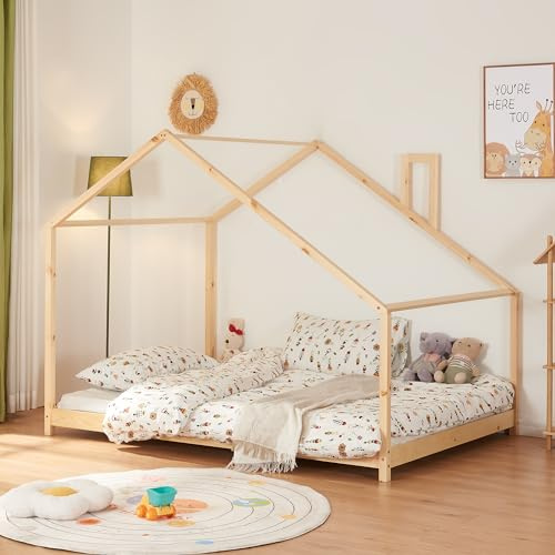 [en.casa] Letto a Forma di Casetta per Cameretta Con Comignolo - Piazza e Mezza per Bambini Stile Montessori - Struttura in Legno di Pino 120 x 200 cm Naturale