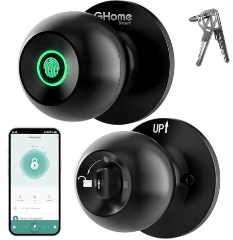 GHomesmart 3-in-1 Smart Fingerprint Door Lock with App, Key, and Keyless Entry, Type-C Emergency Charging, Great for Bedrooms, Apartments, and Offices (Black)