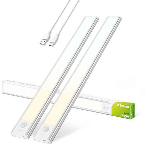 Brendz Unterbauleuchte Küche LED, LED Leiste Küche, 2 x 40cm, USB-C Wiederaufladbar, 2200mAh, 3 Farbtemperaturen, Dimmbar, Magnetisch, Küchenunterbauleuchte, Küchenbeleuchtung, Puyo Silber