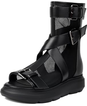 Bapolee Black Leather Gladiator High Top Sandals for Women Open Toe Flat Platform Mesh Ankle Boot With Buckle Back Zipper Casual Travel Fashion Shoes