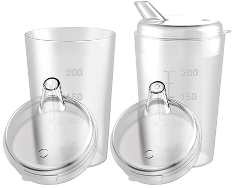 THERACASO Lot de 3 gobelets à bec de 250 ml avec 3 couvercles (ouvertures de 4 x 4 mm et 12 x 10 mm) pour les personnes âgées, les enfants et les patients à motricité réduite, transparents, passent au