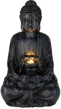 Well Home Fuente Buda en Color Negro con Luces LED para Espacio Exterior 28,5x24,5x48cm