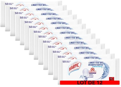 Harpic - Lot de 12 Sachet de 50 Lingettes Extra-large (=100 Normales) Lingettes Désinfectantes