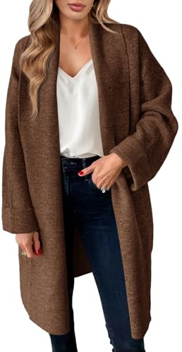 Saodimallsu Cardigan da Donna, Lungo, Leggero, Oversize, Aperto, Casual, Tinta Unita, per Autunno e Inverno, Marrone, S
