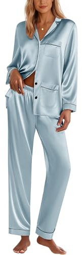 Ekouaer Silk Pajamas for Women Classic Button Down Satin Pajama Sets Long Sleeve Lounge Set Clear Blue