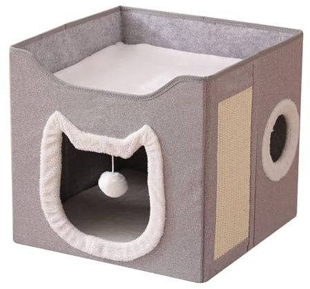 Maison pour Chat | Abri Pliable pour Animaux | Grande Tanière à 2 Niveaux avec Grattoir et Balle pour Chats et Chiens,Cachette de Repos pour Animaux