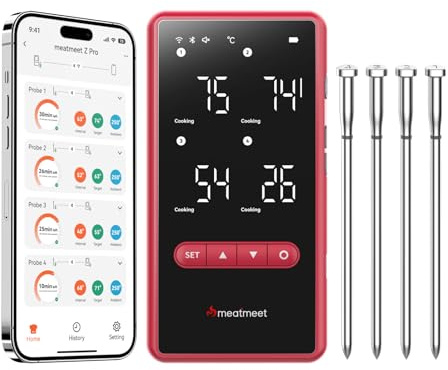 Meatmeet Z Pro Termómetro inalámbrico para carne con WiFi y Bluetooth, 4 sondas 6 sensores, Impermeable IP69, Resistente hasta 595 °C, Ideal para barbacoa, parrillas, ahumadores, hornos y cocina
