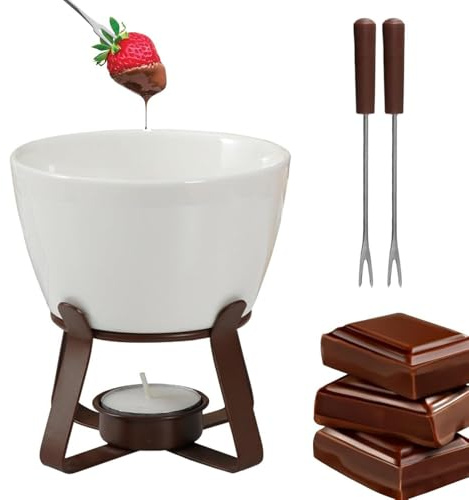 Husoiuy 300 ml handgjord keramisk fondue-mugg – värmebeständig, bärbar chokladsmältare med ljus för desserter och ost