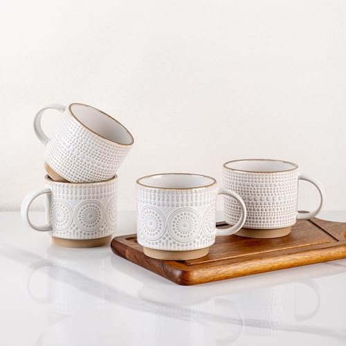 GBhome 350 ml stapelbara kaffekoppar i keramik med texturmönster för män, kvinnor, far, mor, moderna muggar, set om 4, för latta/cappuccino/kakao, diskmaskins- och mikrovågsugnssäker, vit