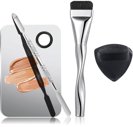 Matwsec 4 Pcs Makeup Spatula Tool Kit Including Makeup Mixing Palette Flat Foundation Brush Dual-Head Make Up Spatula Triangle Powder Puffs for Women Girl Facial Cosmetic, Nail Art, Pigment Blending
