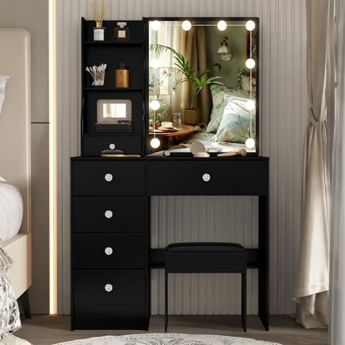 Sminkbord med LED-belysning, Pall och glidspegel, 3 Ljuslägen, Svart Toalettbord med 6 Lådor & 4 Hyllor - 80x36x131 cm | 6 lådor & 6 förvaringsfack, 80 x 36 x 130 cm, sminkbord för sovrum barnrum