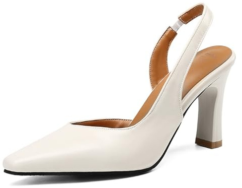 Eestfy Court Zapatos con Tacón de Bloque Grueso Diseño Slingback Plantilla de Espuma con Memoria Punta Afilada Pumps de Trabajo Tacones de Oficina de Negocios Pumps,Beige,36 EU