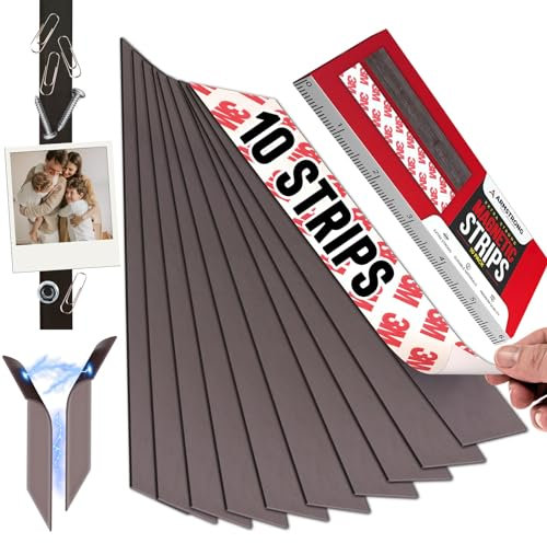 Magnetic Tape with Strong Adhesive Backing - 3m Heavy Duty Thicker Rubber Magnet Strips - Flexible Flat Kitchen Magnets Sticky Wall Tool Holder Whiteboard Fridge Organizer (1 x 5.8 in, 10 Pack)