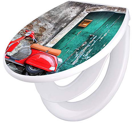banjado Familien WC Sitz mit Absenkautomatik 44,5x37cm / Klodeckel/Klobrille mit Kindersitz aus hochwertigem Polypropylen/Toilettensitz Kindersitz integriert Motiv Italienischer Roller