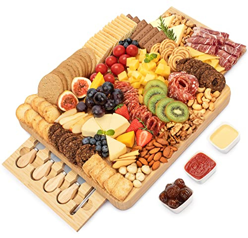 Charcuterie Board Set - FamRica Cheese Board with 2 Drawers, Bamboo Cheese Tray Serving - Unique, Wedding, Housewarming, Birthday Gifts