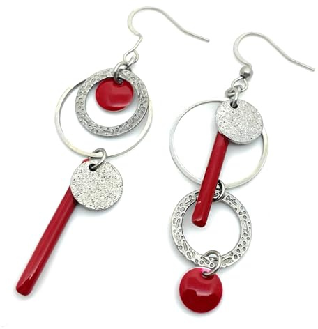 Boucles d'oreilles dépareillées rouge argent en acier inoxydable