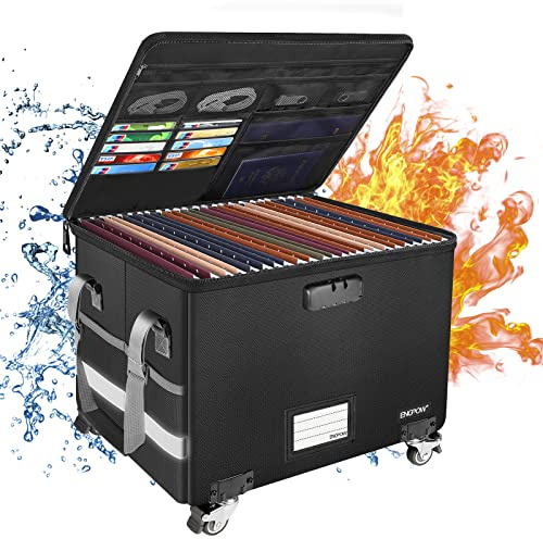 ENGPOW Fireproof Document Box with Wheels, Collapsible File Box with Lock, Rolling File Storage Organizer Filing Cabinet with Pockets, Portable Home Office Safe for Hanging Letter/Legal Folder