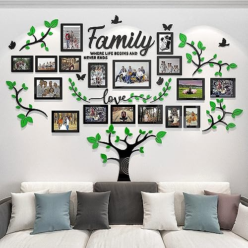 Family Tree Photo Frame Stickers for Wall DIY 3D Tree Wall Stickers Living Room Tree Wall Sticker Tree of Life Wall Art for Living Room Wall Decorations for Bedrooms (207x146cm, Green)