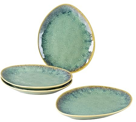 Henten Home Ceramic Appetizer Plates, 6.75 Inch Porcelain Dessert Plate, Cake, Snack Plates Set of 4, Salad Plate for Kitchen, Holiday Gifts, Dishwasher Safe (Green)