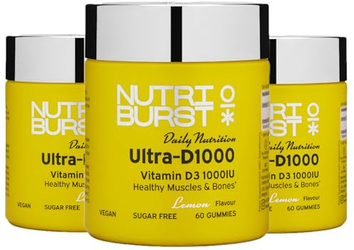 Nutriburst Ultra-D1000 Multipack - Vitamin D3 (1000IU) + Vitamin K2 (80µg) for Healthy Muscles & Bones - Lemon Flavour - 3 x 60 Gummies / 3 Month Supply - Suitable for Vegans