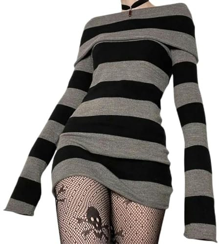 AYAZER Y2K Randig Tröja Mini Klänning Mall Goth Grunge Emo Bodycon Chic Dam Off-shoulder Full Sleeve Slim Fit Klänningar 00s Vintage