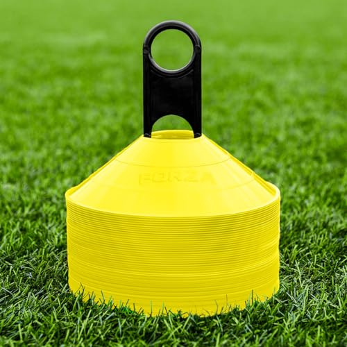 FORZA Träningsmarkörer [50-pack] – 9 färgalternativ | Premium träningskoner och stativ | Multisport - Rugby/Netball/fotbollskoner | sportutrustning (gul)
