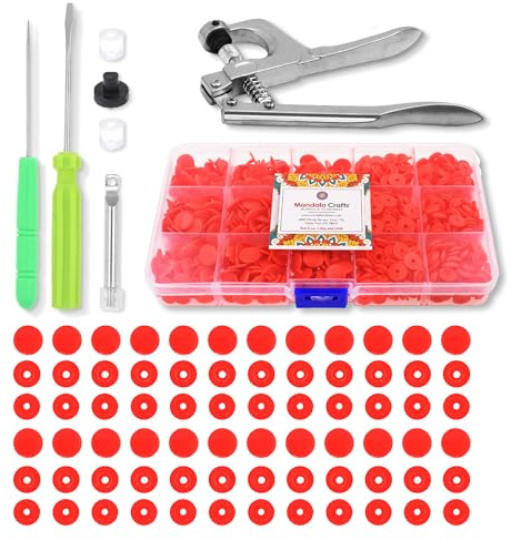 Mandala Crafts 200 Sets Size 16 10mm 3/8 Inch T3 Red No Sew Plastic Snaps Fasteners Buttons Kit with Press on Snap Tools Pliers for Sewing Fabric and Clothes